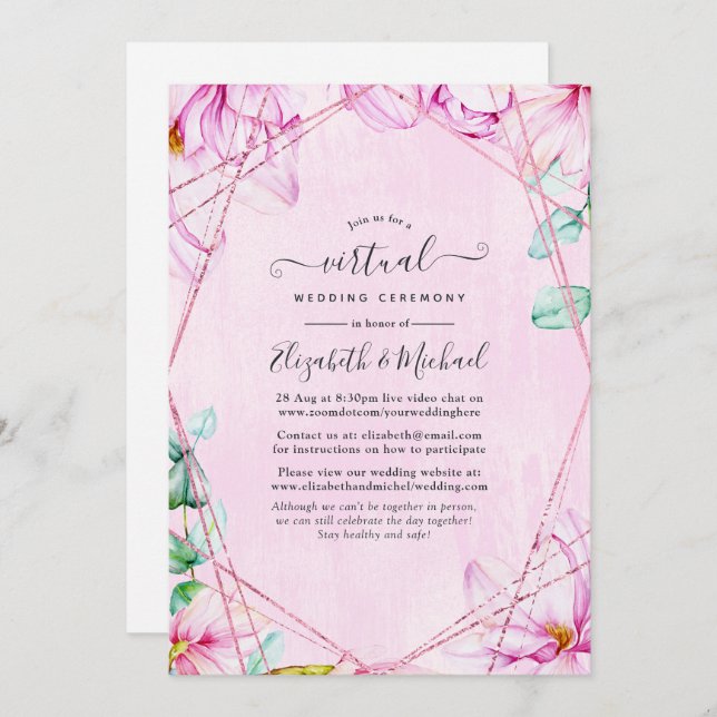 Rose Gold & Pink Floral Geometric Virtual Wedding Invitation (Front/Back)