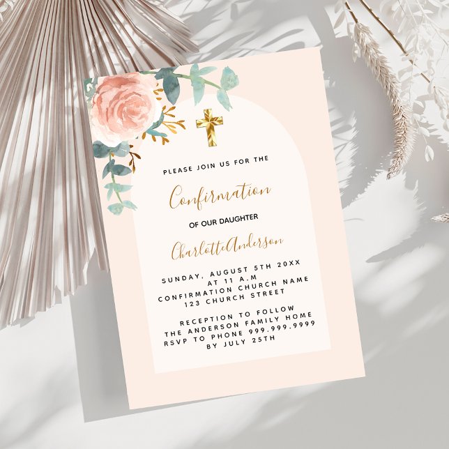 Rose gold pink floral greenery cross Confirmation Invitation (Creator Uploaded)