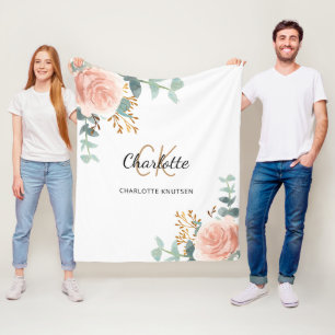 Rose gold pink floral greenery monogram name fleece blanket