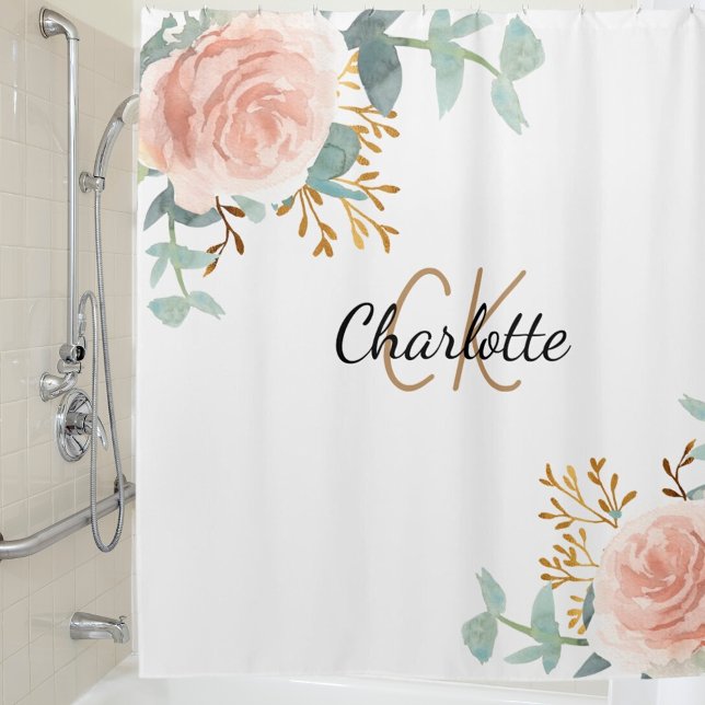 Rose gold pink floral greenery monogram name shower curtain (Creator Uploaded)