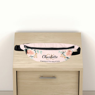 Rose gold pink floral greenery name monogram bum bags