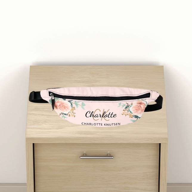 Rose gold pink floral greenery name monogram bum bags (Creator Uploaded)