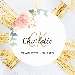 Rose gold pink floral greenery name monogram classic round sticker