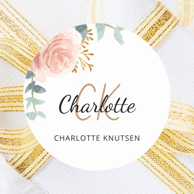 Rose gold pink floral greenery name monogram classic round sticker (Creator Uploaded)