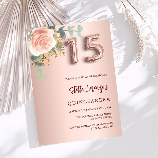 Rose gold pink floral greenery Quinceanera luxury Invitation (Creator Uploaded)