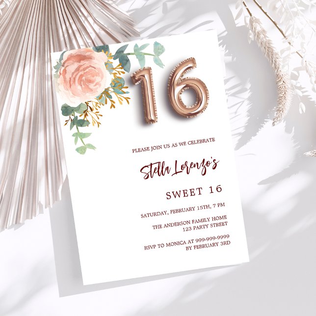 Rose gold pink floral greenery Sweet 16 luxury Invitation (Creator Uploaded)