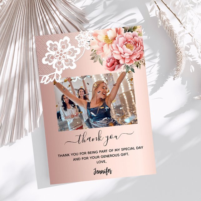 Rose gold pink floral lace photo thank you card (Creator Uploaded)