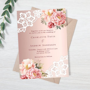 Rose gold pink floral lace wedding acrylic invitations