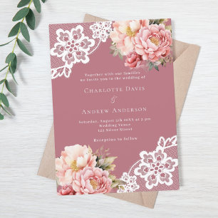 Rose gold pink floral lace wedding invitation