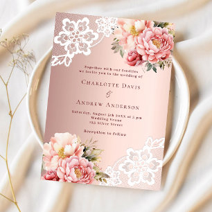 Rose gold pink floral lace wedding invitation