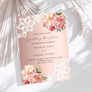 Rose gold pink floral lace wedding reception invitation