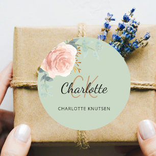 Rose gold pink floral sage green thank you classic round sticker