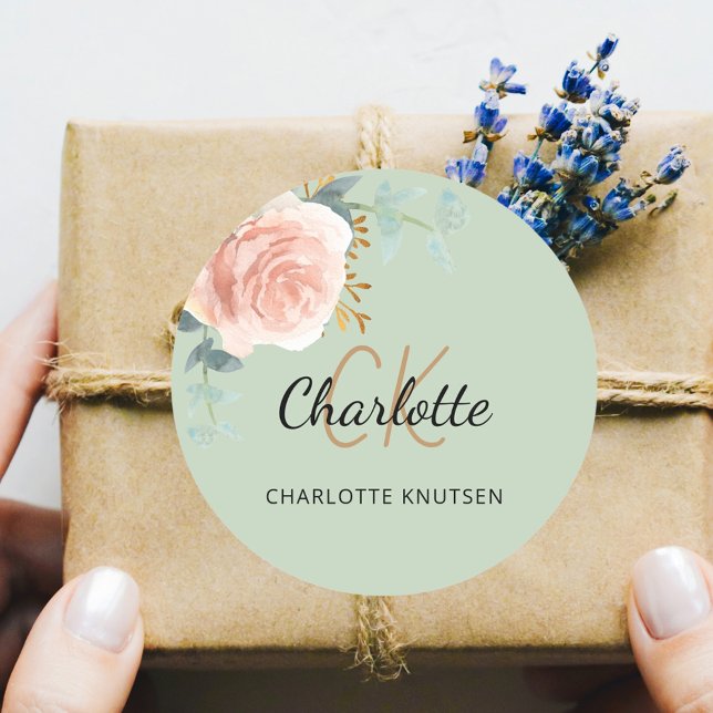 Rose gold pink floral sage green thank you classic round sticker (Creator Uploaded)
