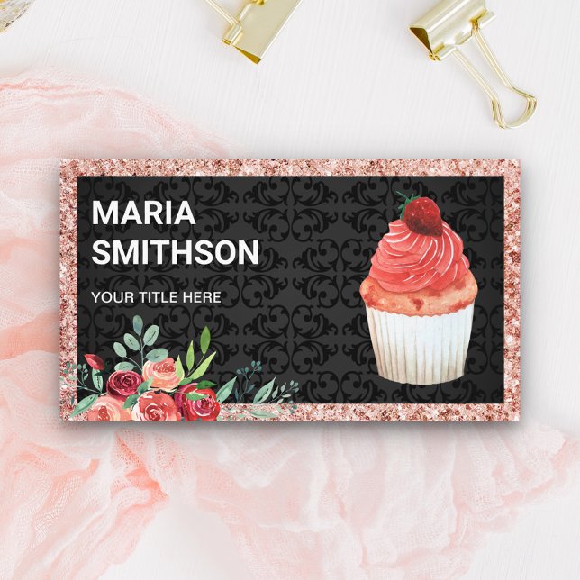 Rose Gold Pink Floral Strawberry Cupcake Bakery Business Card (Creator Uploaded)