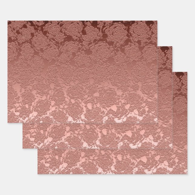 Rose Gold Pink Floral Succulent Pattern Metallic Wrapping Paper Sheet (Set)