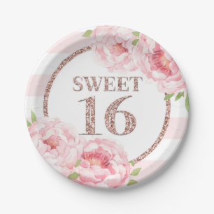 Rose Gold Pink Floral Sweet 16 Birthday Party Paper Plate