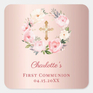 Rose gold pink floral wreath First Communion Square Sticker