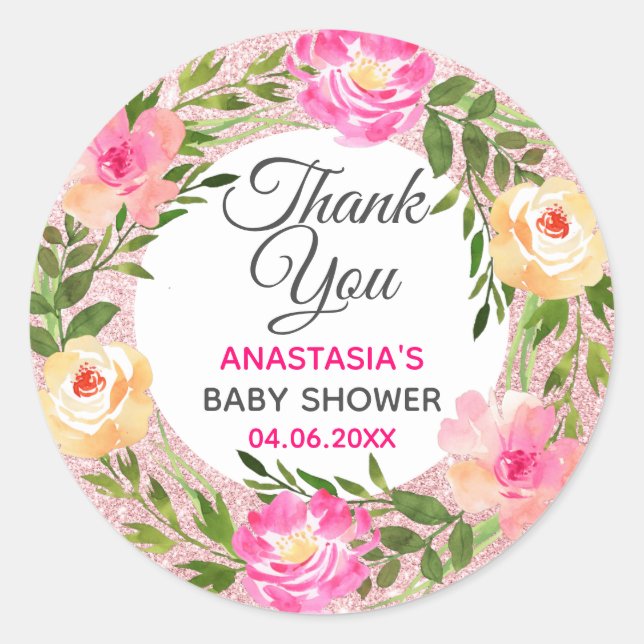 Rose Gold Pink Floral Wreath Thank You Baby Shower Classic Round Sticker (Front)