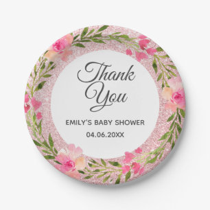 Rose Gold Pink Floral Wreath Thank You Baby Shower Paper Plate