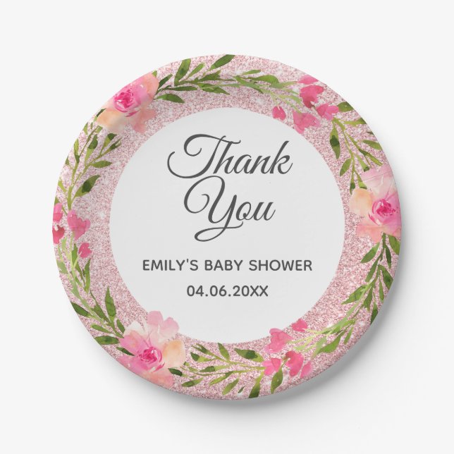 Rose Gold Pink Floral Wreath Thank You Baby Shower Paper Plate (Front)