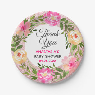 Rose Gold Pink Floral Wreath Thank You Baby Shower Paper Plate