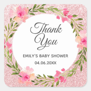 Rose Gold Pink Floral Wreath Thank You Baby Shower Square Sticker