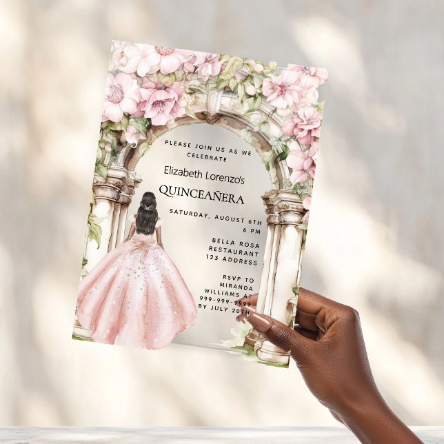 Rose gold pink florals arch dress Quinceanera Acrylic Invitations (Creator Uploaded)
