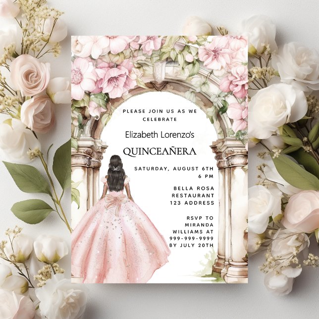 Rose gold pink florals arch dress Quinceanera Invitation (Creator Uploaded)