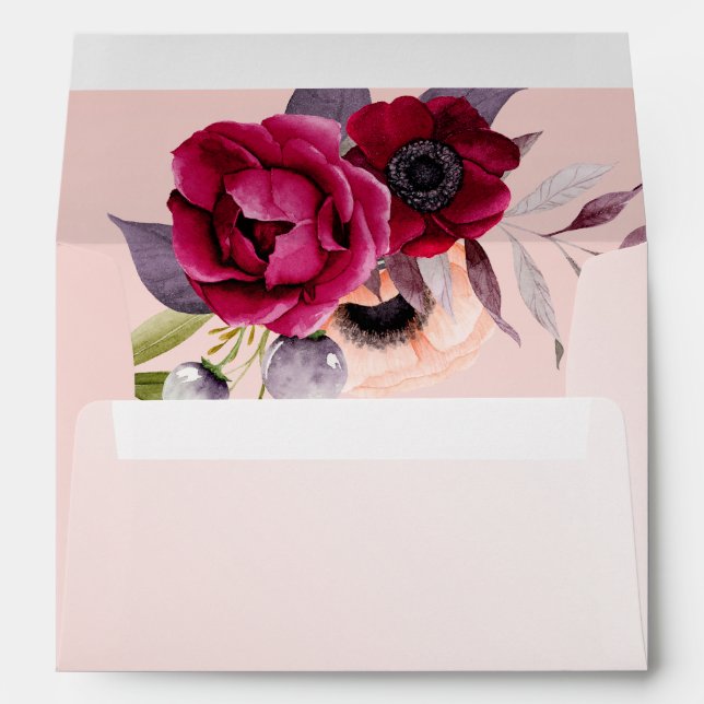 Rose gold pink florals burgundy wedding envelope (Back (Bottom))