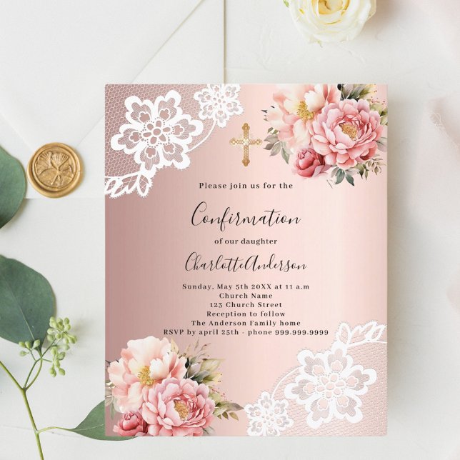 Rose gold pink florals Confirmation invitation (Creator Uploaded)