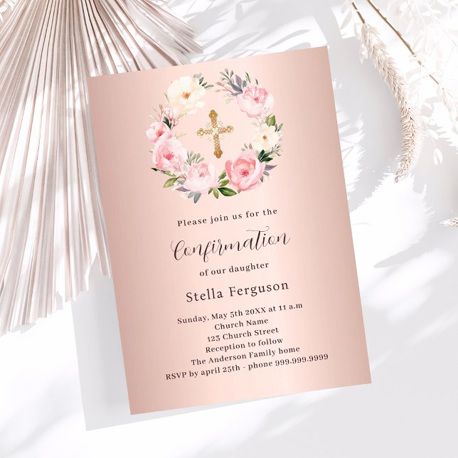 Rose gold pink florals cross Confirmation Invitation (Creator Uploaded)