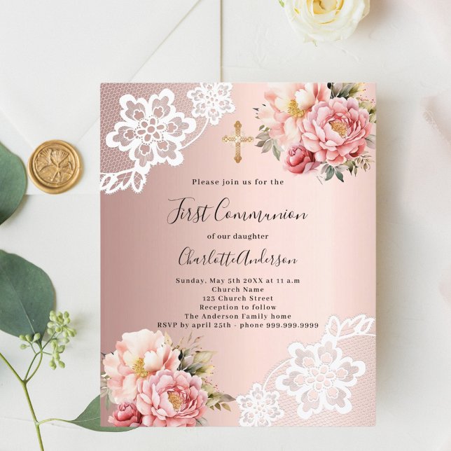 Rose gold pink florals First Communion invitation (Creator Uploaded)