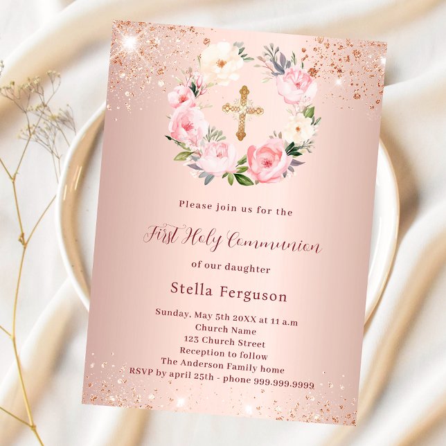 Rose gold pink florals glitter First Communion Invitation (Creator Uploaded)