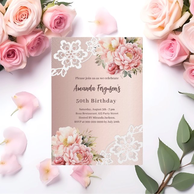 Rose gold pink florals lace 50th birthday luxury invitation (Creator Uploaded)