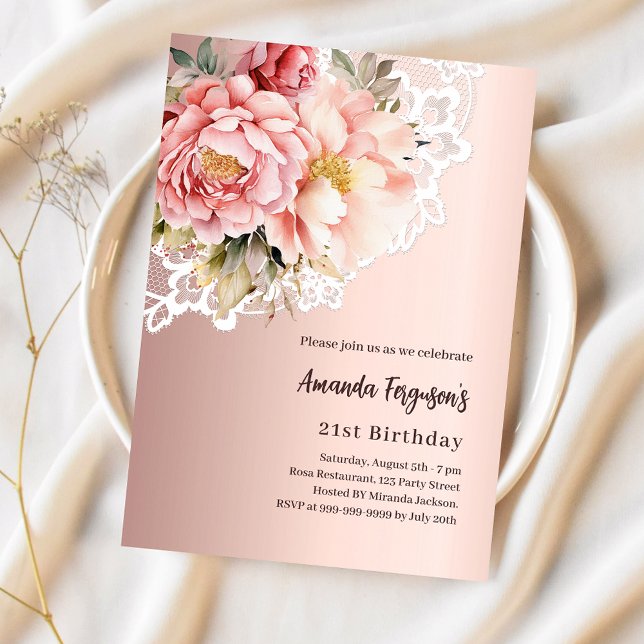 Rose gold pink florals lace luxury birthday invitation (Creator Uploaded)