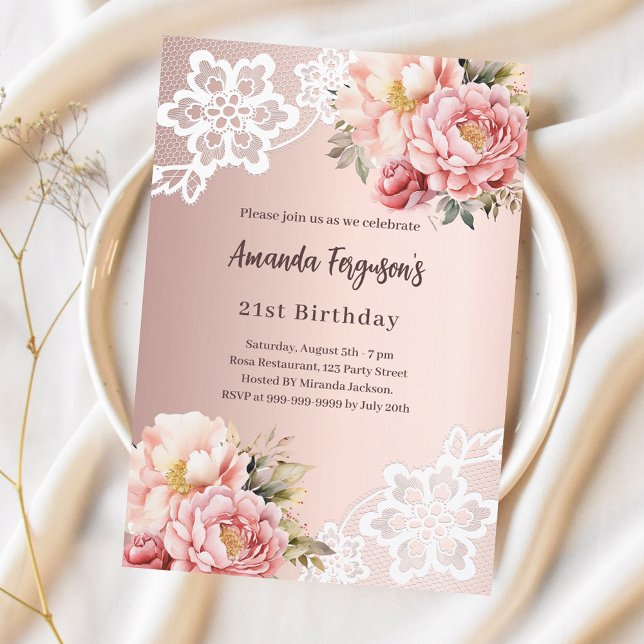 Rose gold pink florals lace luxury birthday invitation (Creator Uploaded)