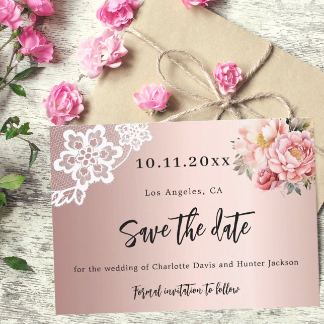 Rose gold pink florals lace wedding save the date (Creator Uploaded)