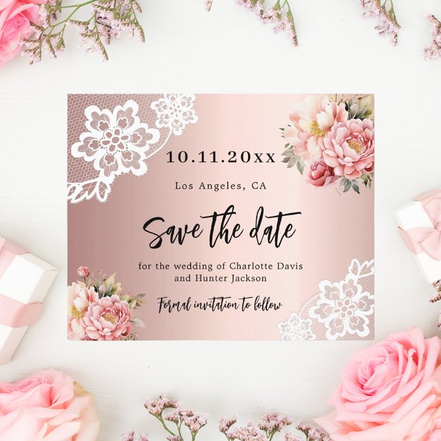 Rose gold pink florals wedding Save the Date card (Creator Uploaded)