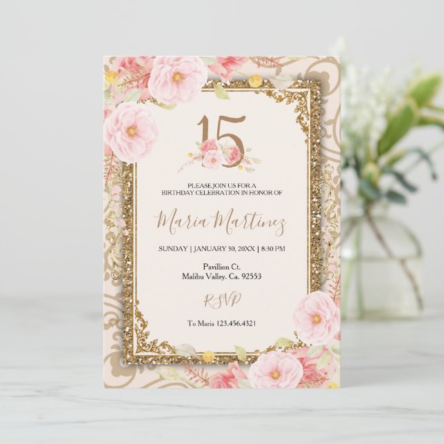 Rose Gold Pink Flowers 15th Birthday  Invitation (Standing Front)
