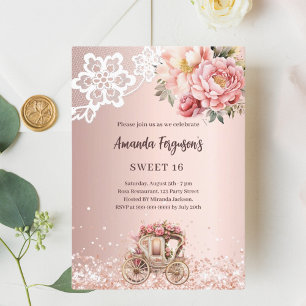 Rose gold pink flowers carriage Sweet 16 Invitation