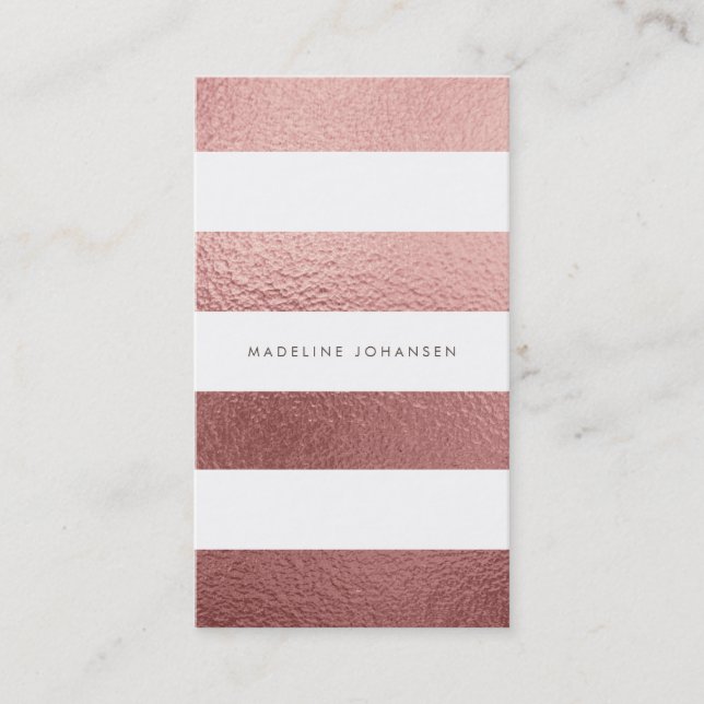 Rose Gold Pink Foil White Stripes Hair Stylist Business Card (Front)