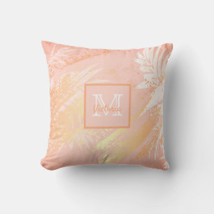 Rose gold pink foliage monogram cushion