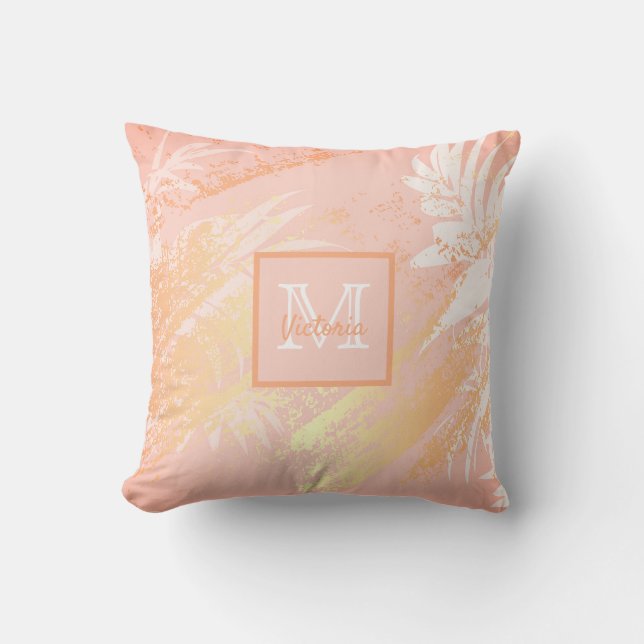 Rose gold pink foliage monogram cushion (Front)