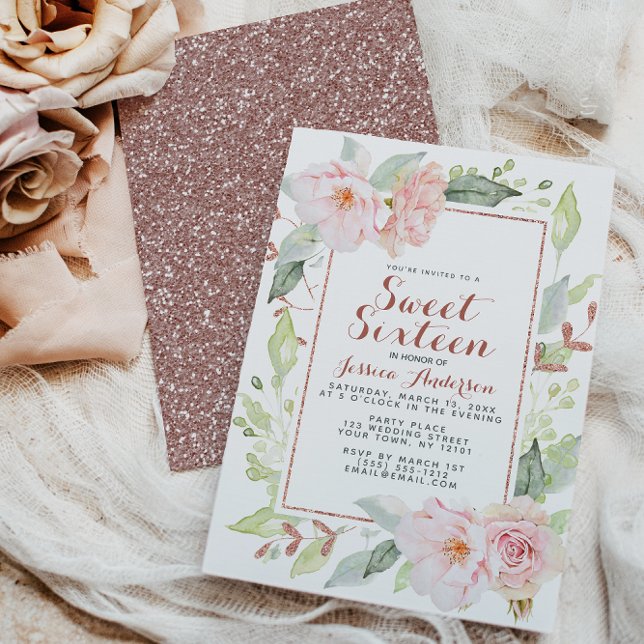 Rose Gold Pink Geometric Glitter Sweet Sixteen Inv Invitation (Creator Uploaded)