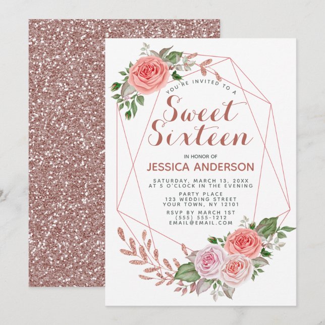 Rose Gold Pink Geometric Glitter Sweet Sixteen Invitation (Front/Back)