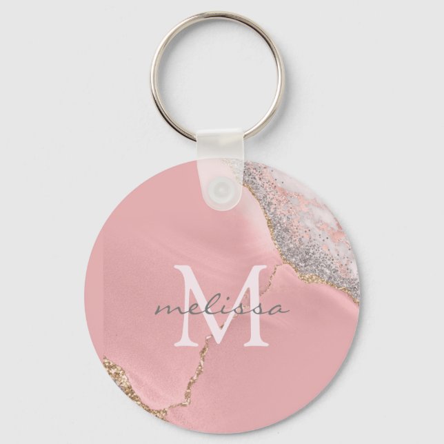 Rose Gold Pink Girly Monogram Name Marble Glitter Key Ring (Front)