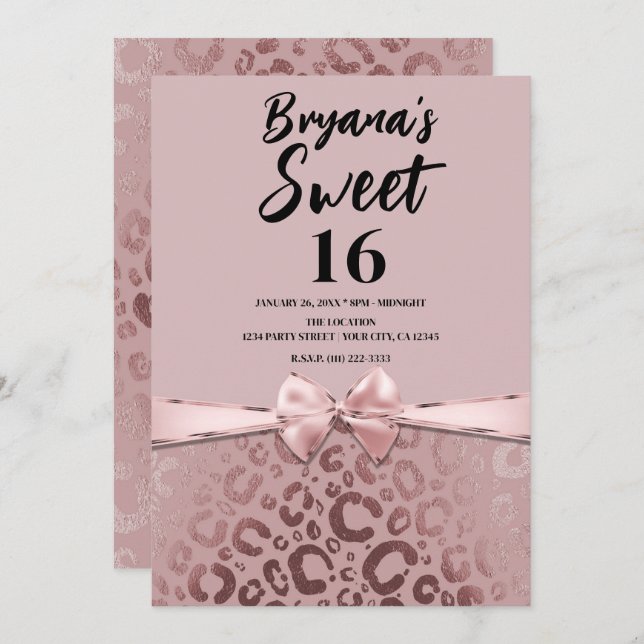 Rose Gold Pink Glam Leopard Print Sweet 16 Invitation (Front/Back)