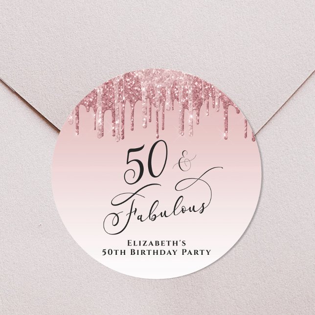 Rose Gold Pink Glitter 50th Birthday Party Classic Round Sticker (Creator Uploaded)