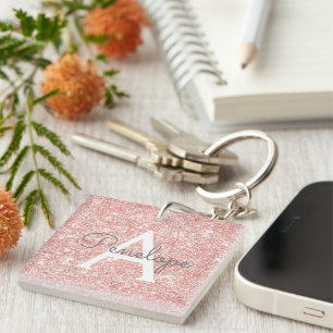 Rose Gold Pink Glitter and Monogram Key Ring