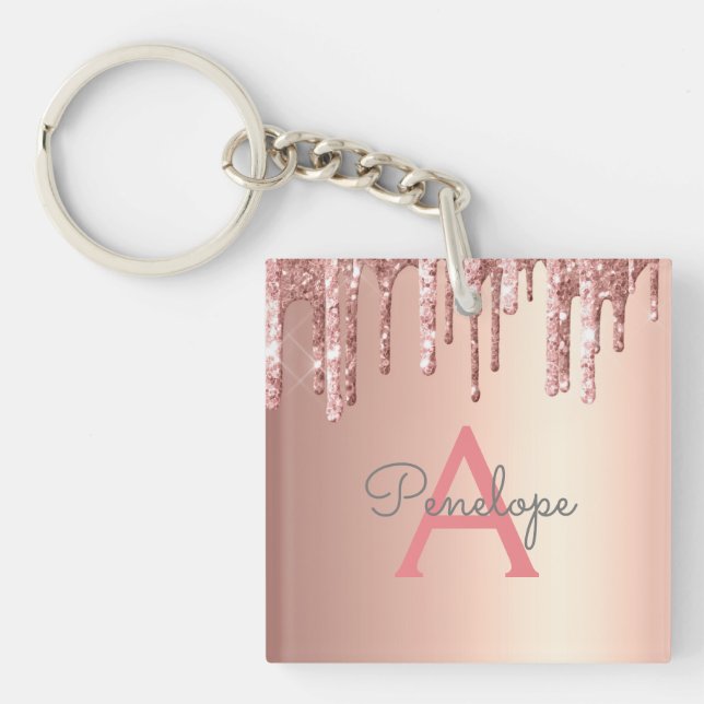 Rose Gold  Pink Glitter and Sparkle Monogram Key Ring (Front)